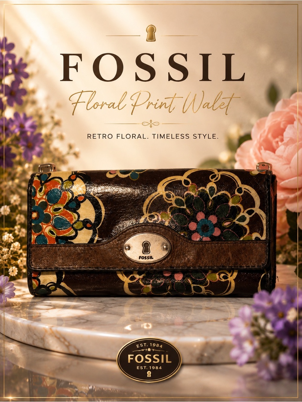FOSSIL FLORAL PRINT BROWN CLUTCH WALLET ZIP POCKET MULTICOLOR